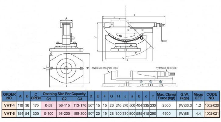 Naklápěcí hydraulický svěrák, šíře 110 (VHT-4) s otočnou deskou